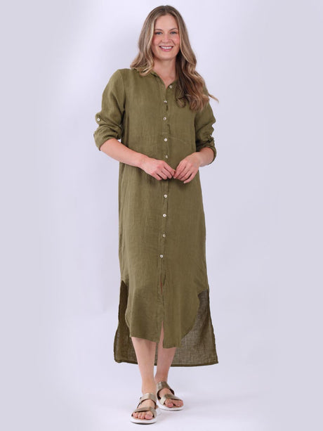 Ladies Front Buttons Linen Shirt Dress