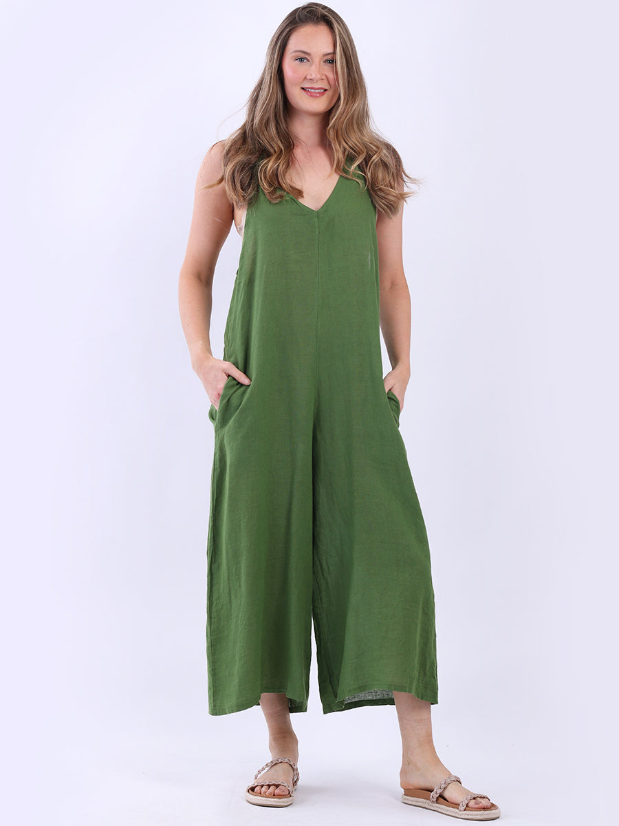 Ladies Plain Sleeveless Linen Wide Leg Dungaree