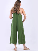 Ladies Plain Sleeveless Linen Wide Leg Dungaree