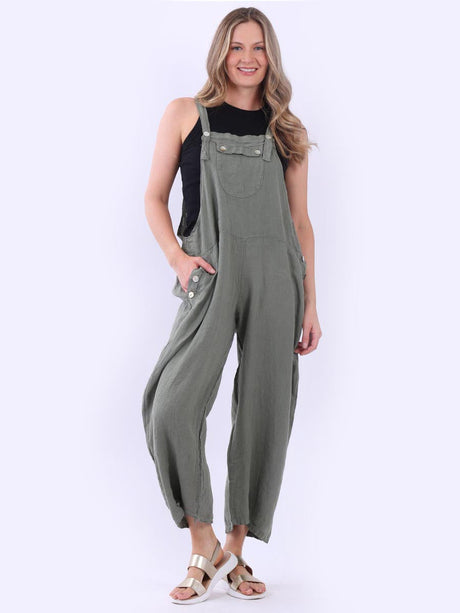 Plus Size Shoulder Straps Plain Linen Jumpsuit