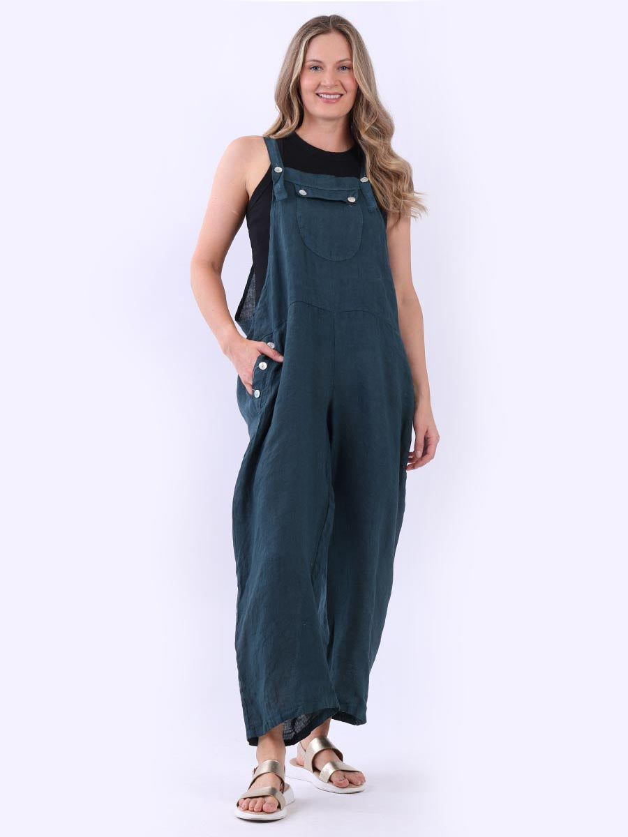 Plus Size Shoulder Straps Plain Linen Jumpsuit Teal One Size UK Fit 12 18