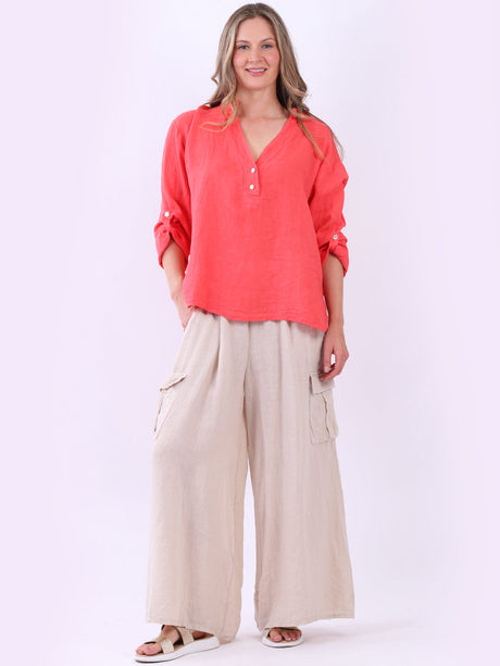 Ladies Plain Collarless Baggy Linen Top