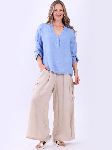 Ladies Plain Collarless Baggy Linen Top