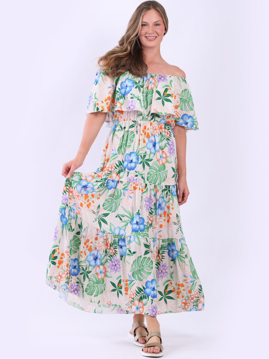 Tropical Print Off-Shoulder Tiered Maxi Dress