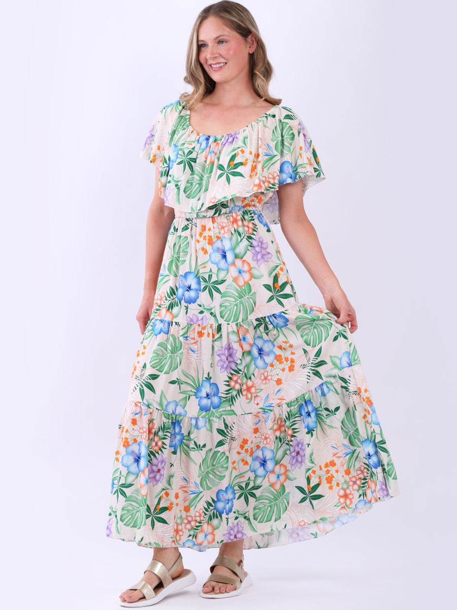 Tropical Print Off-Shoulder Tiered Maxi Dress