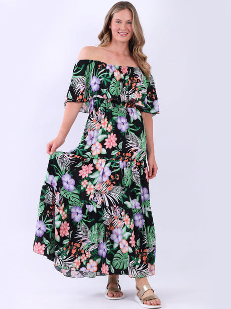 Tropical Print Off-Shoulder Tiered Maxi Dress