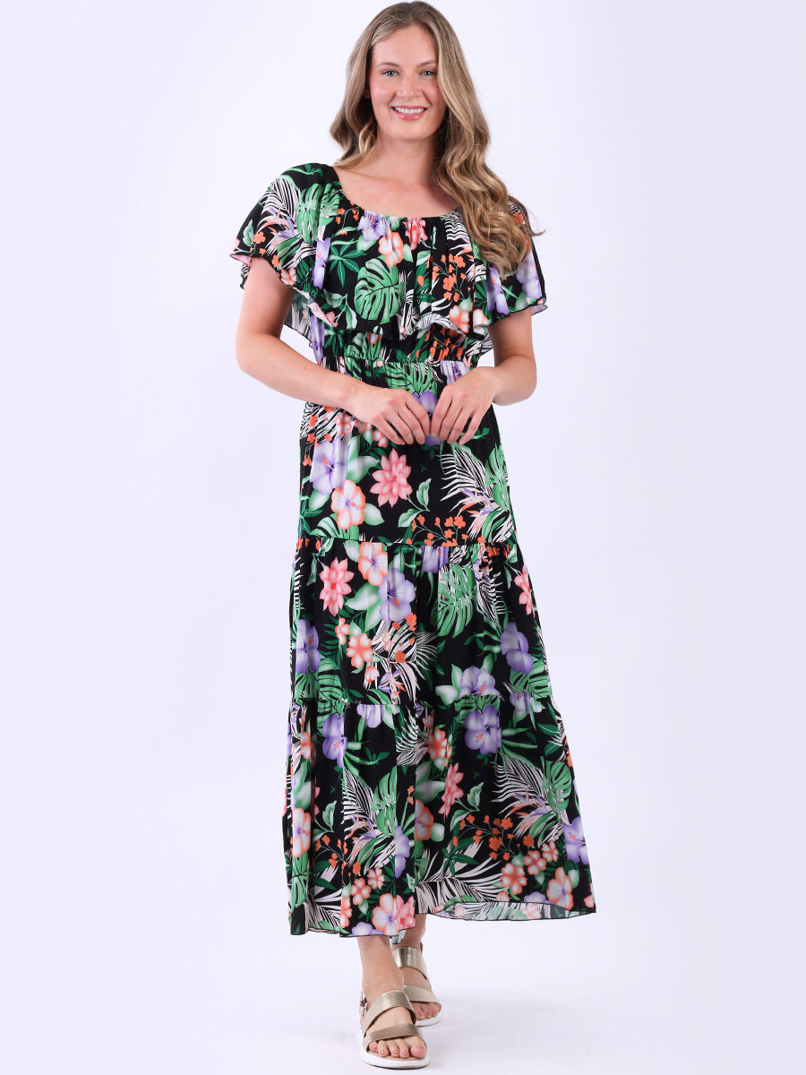 Tropical Print Off-Shoulder Tiered Maxi Dress