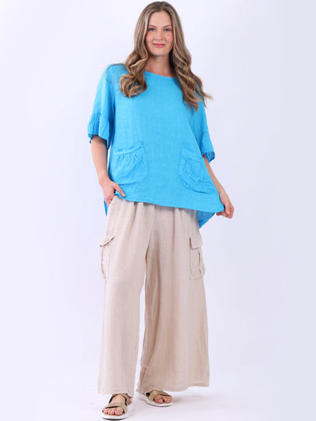 Frilled Sleeves Plain Baggy Linen Top