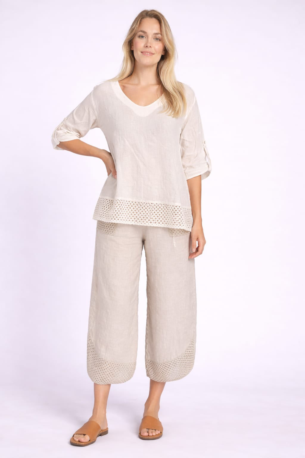 Crochet Linen Blouse Beige