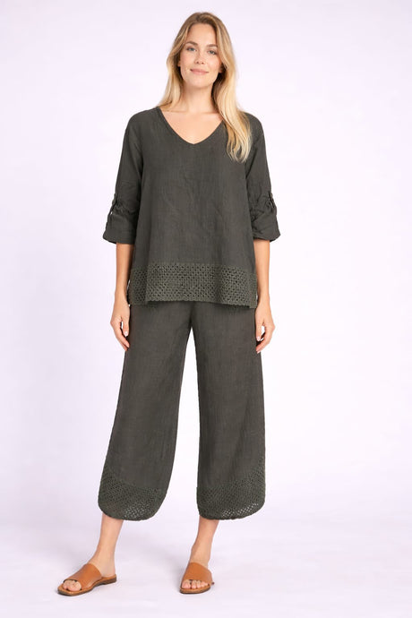 Crochet Linen Blouse Khaki