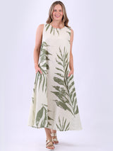 Ladies Leaf Print Linen Flowy Tank Dress