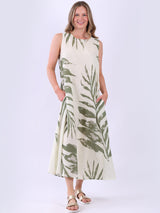 Ladies Leaf Print Linen Flowy Tank Dress