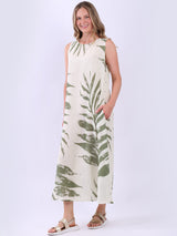 Ladies Leaf Print Linen Flowy Tank Dress