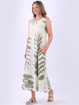 Ladies Leaf Print Linen Flowy Tank Dress