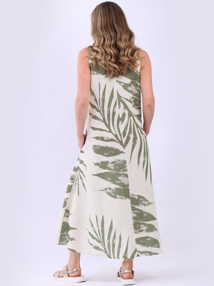 Ladies Leaf Print Linen Flowy Tank Dress