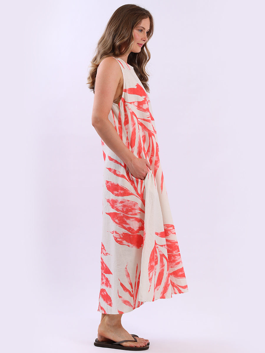 Ladies Leaf Print Linen Flowy Tank Dress