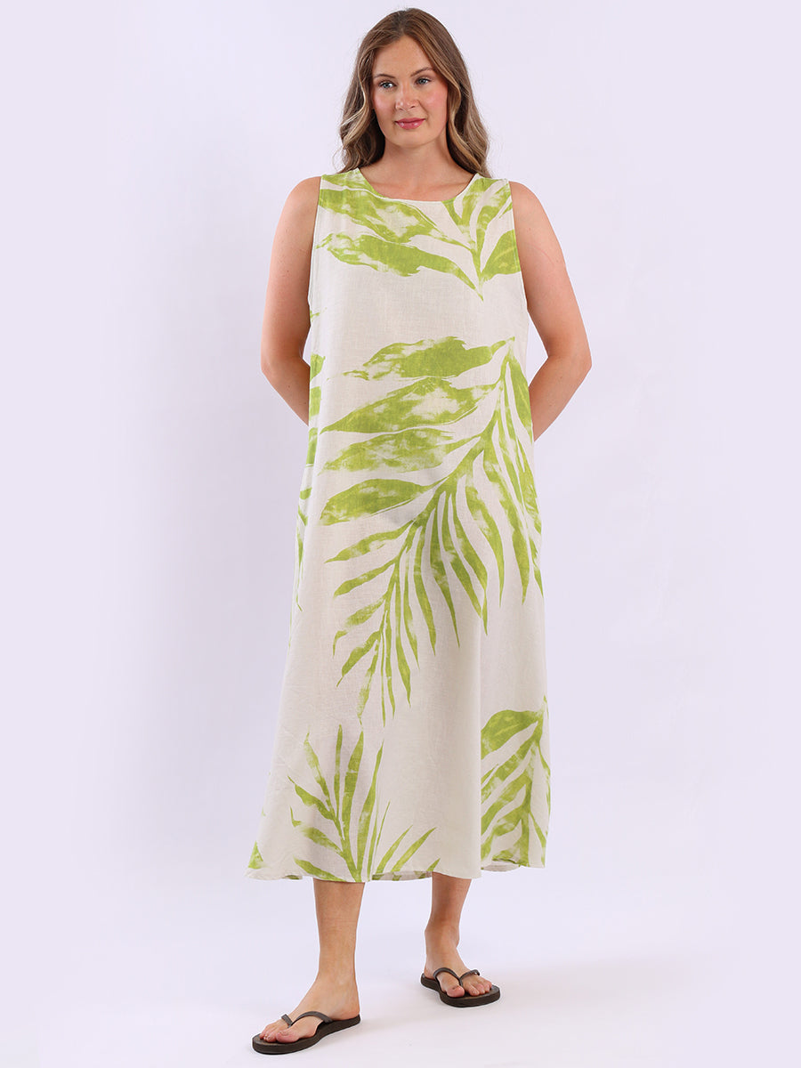 Ladies Leaf Print Linen Flowy Tank Dress