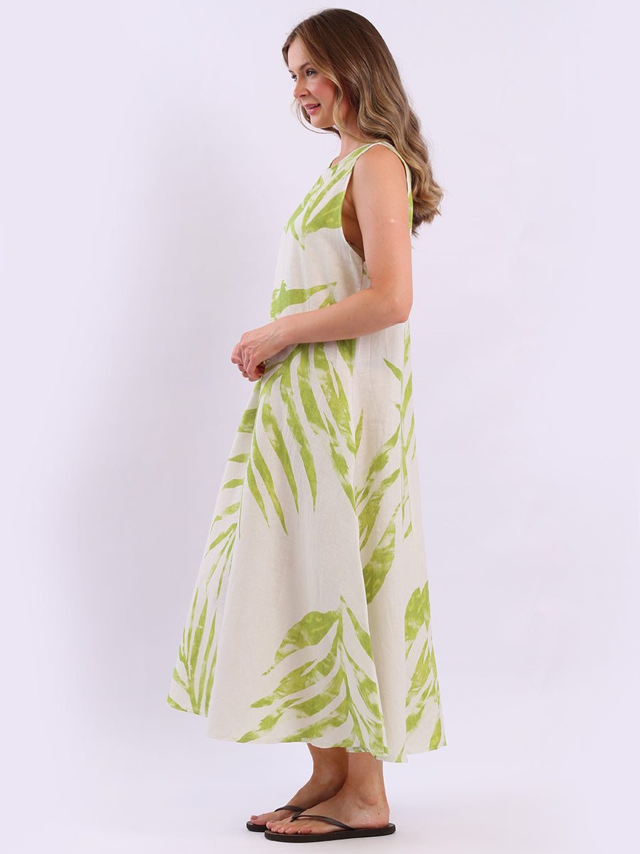 Ladies Leaf Print Linen Flowy Tank Dress