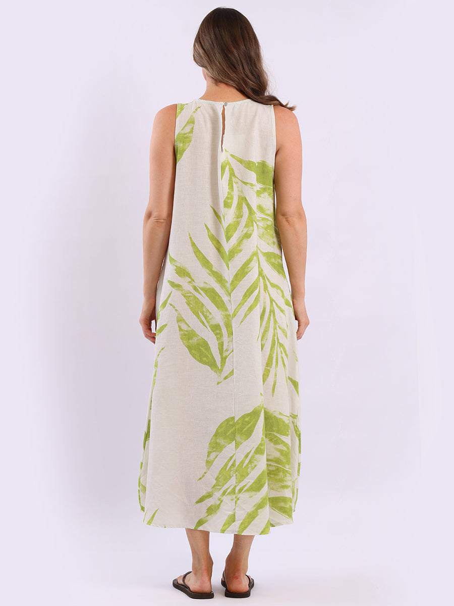Ladies Leaf Print Linen Flowy Tank Dress