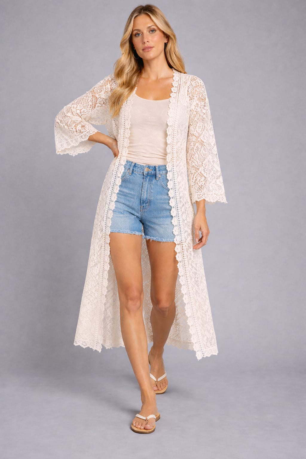Woven Pattern Crochet Open Front Cardigan