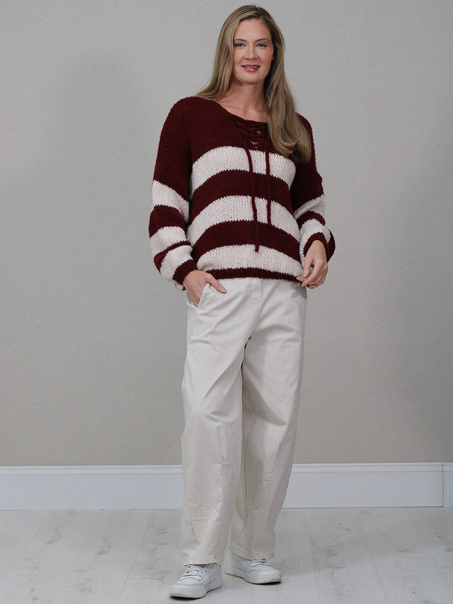 Woolen Knit Stripy Crop Jumper Wine