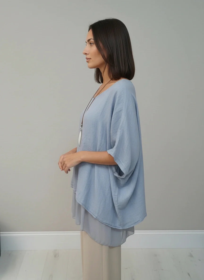 Solid Linen Batwing 2 Layered Tunic Top