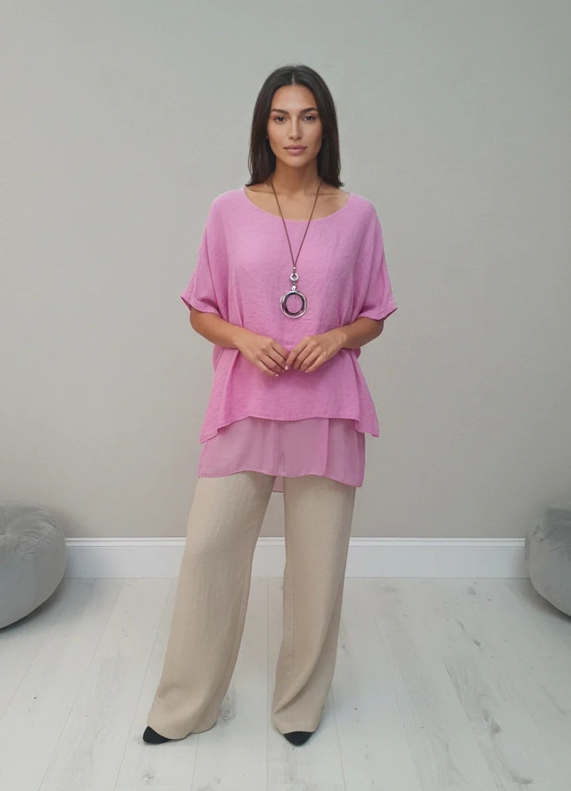 Plain Linen Tunic Top Fuchsia