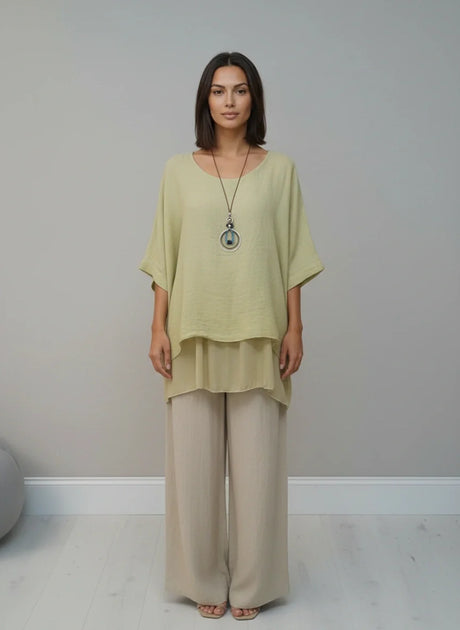 Plain Linen Tunic Top Lime Green