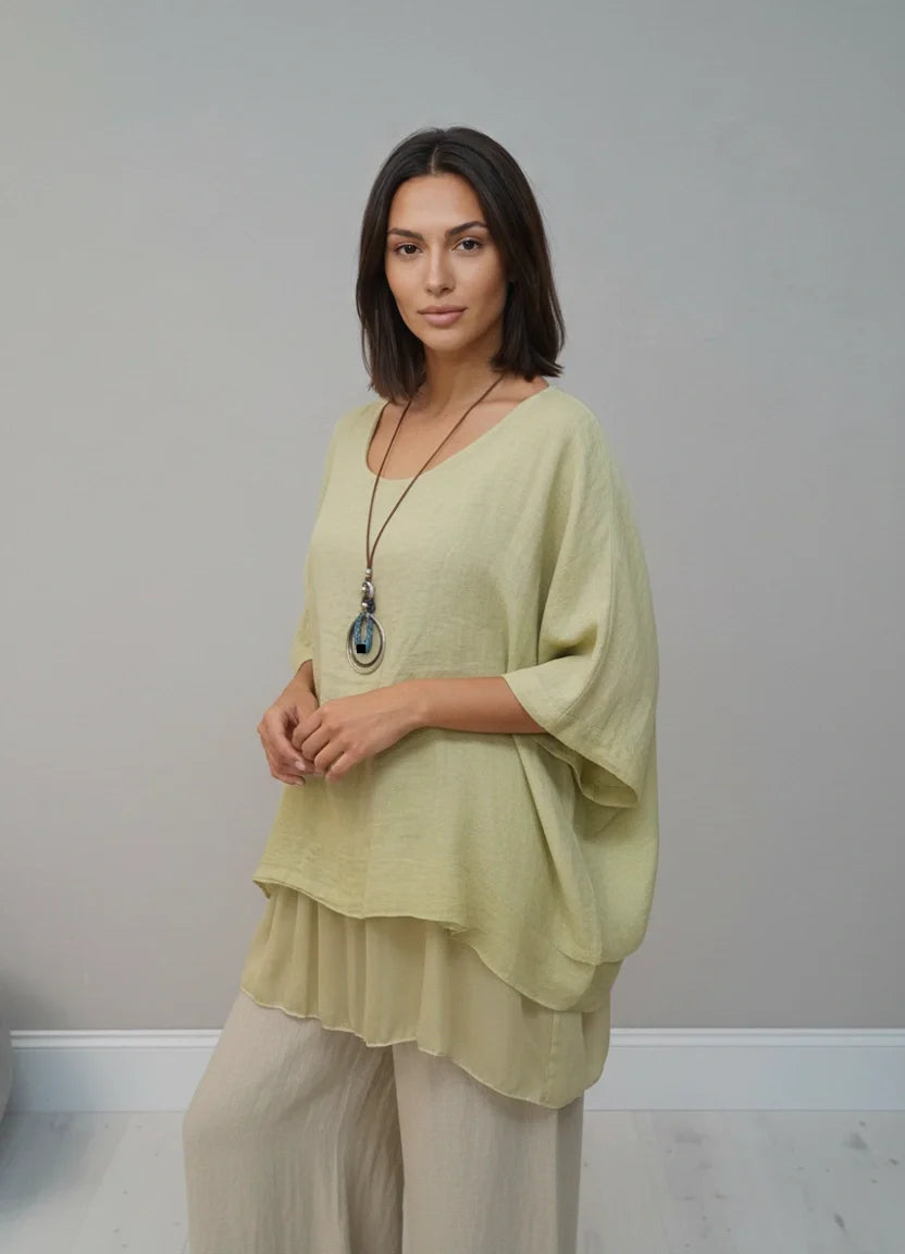 Solid Linen Batwing 2 Layered Tunic Top