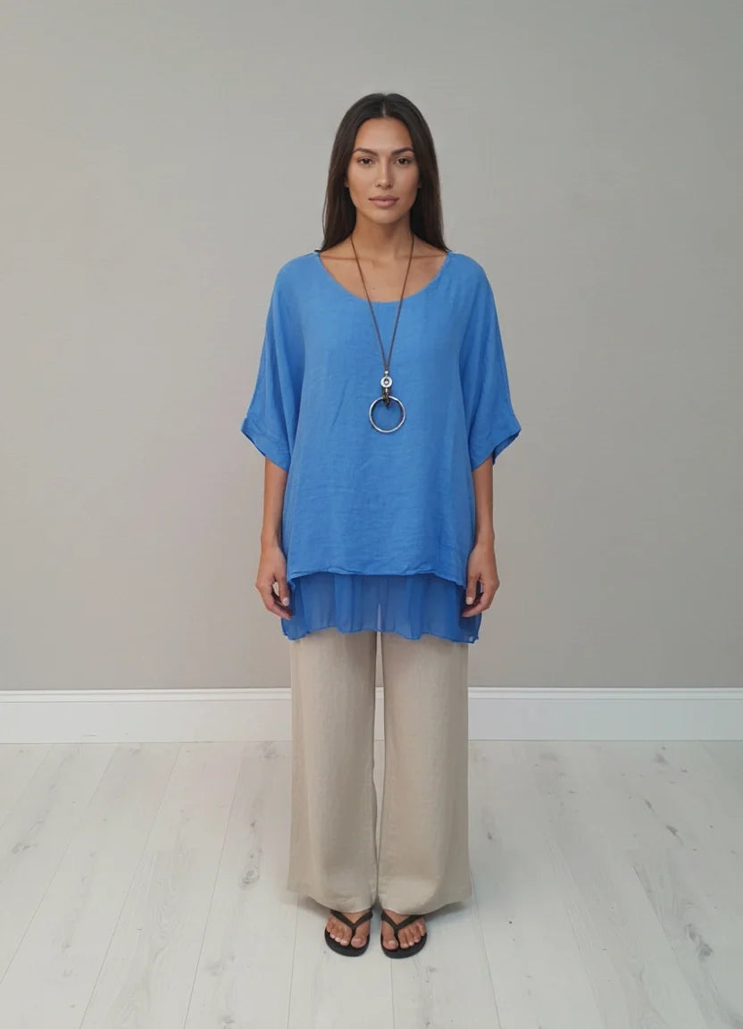 Plain Linen Tunic Top Royal Blue