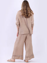 Crochet Back Front Buttons Women Linen Shirt