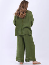 Crochet Back Front Buttons Women Linen Shirt