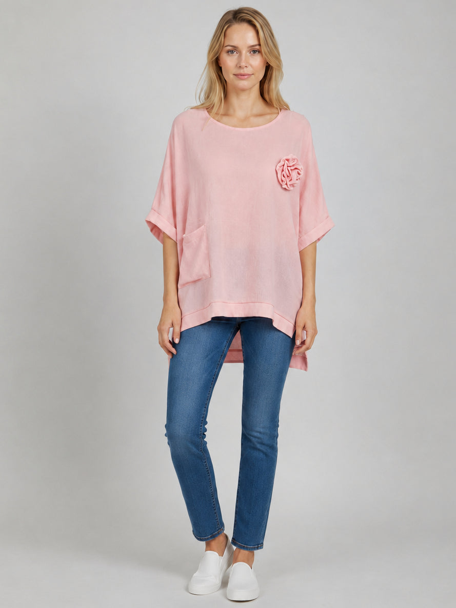 Flower Applique Baggy Shirt Pink