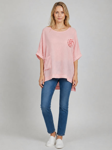 Flower Applique Baggy Shirt Pink