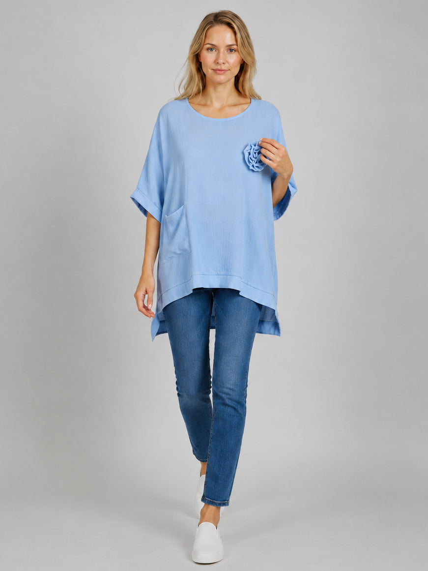 Flower Applique Baggy Shirt Turquoise