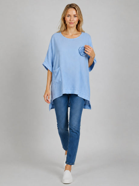 Flower Applique Baggy Shirt Turquoise
