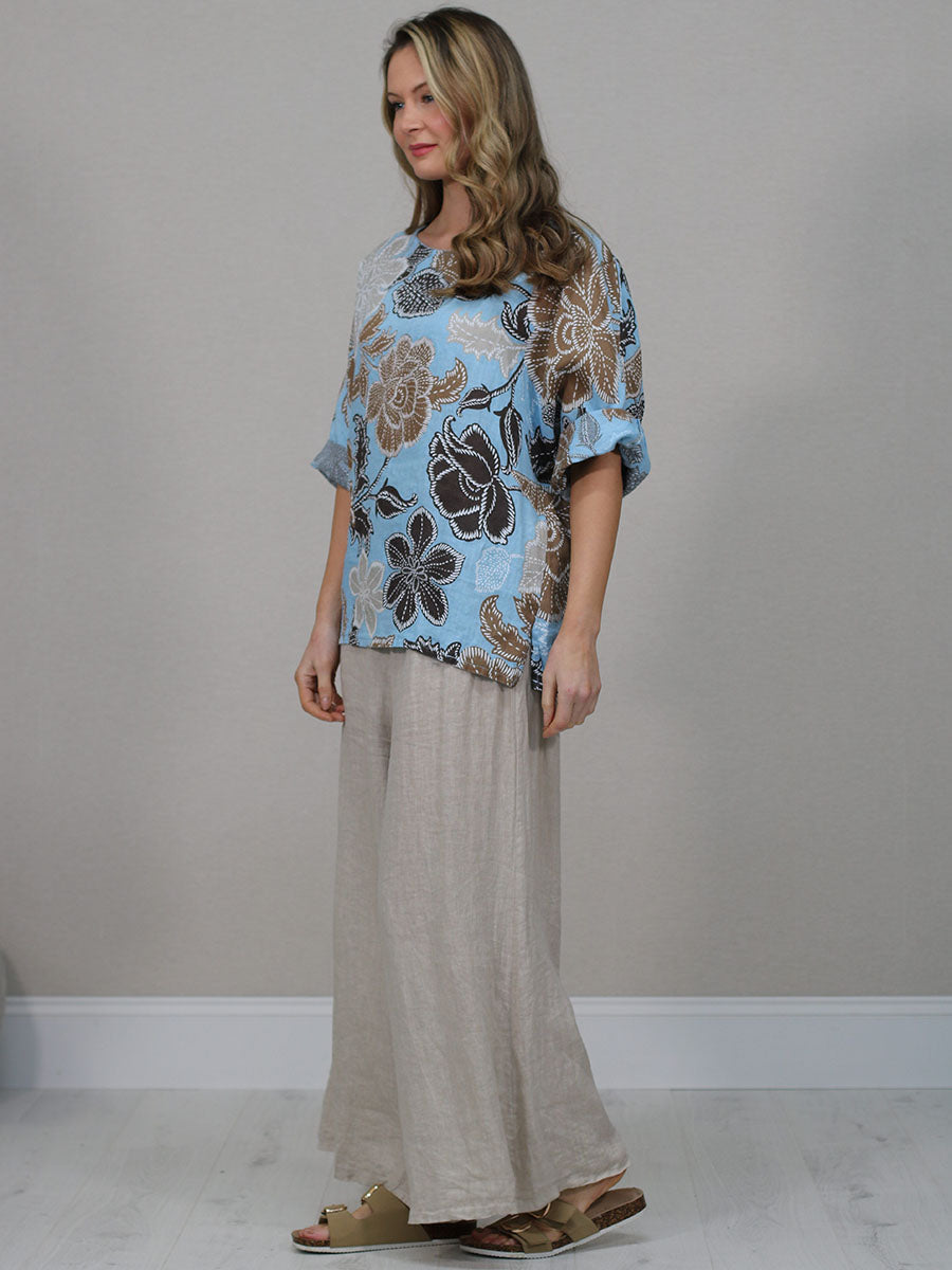 Made In Italy Floral Print Linen Top