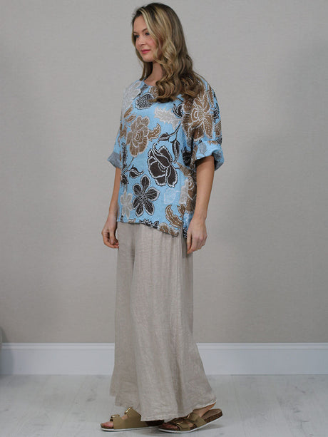 Made In Italy Floral Print Linen Top