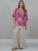  Floral Print Linen Top Fuchsia