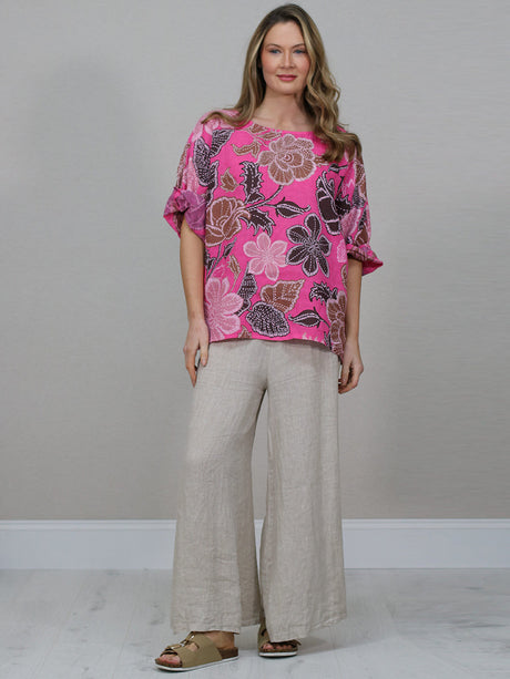  Floral Print Linen Top Fuchsia