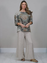 Floral Print Linen Top Khaki