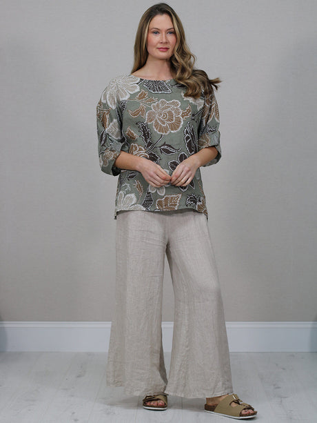  Floral Print Linen Top Khaki