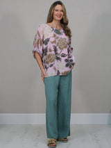  Floral Print Linen Top Pink