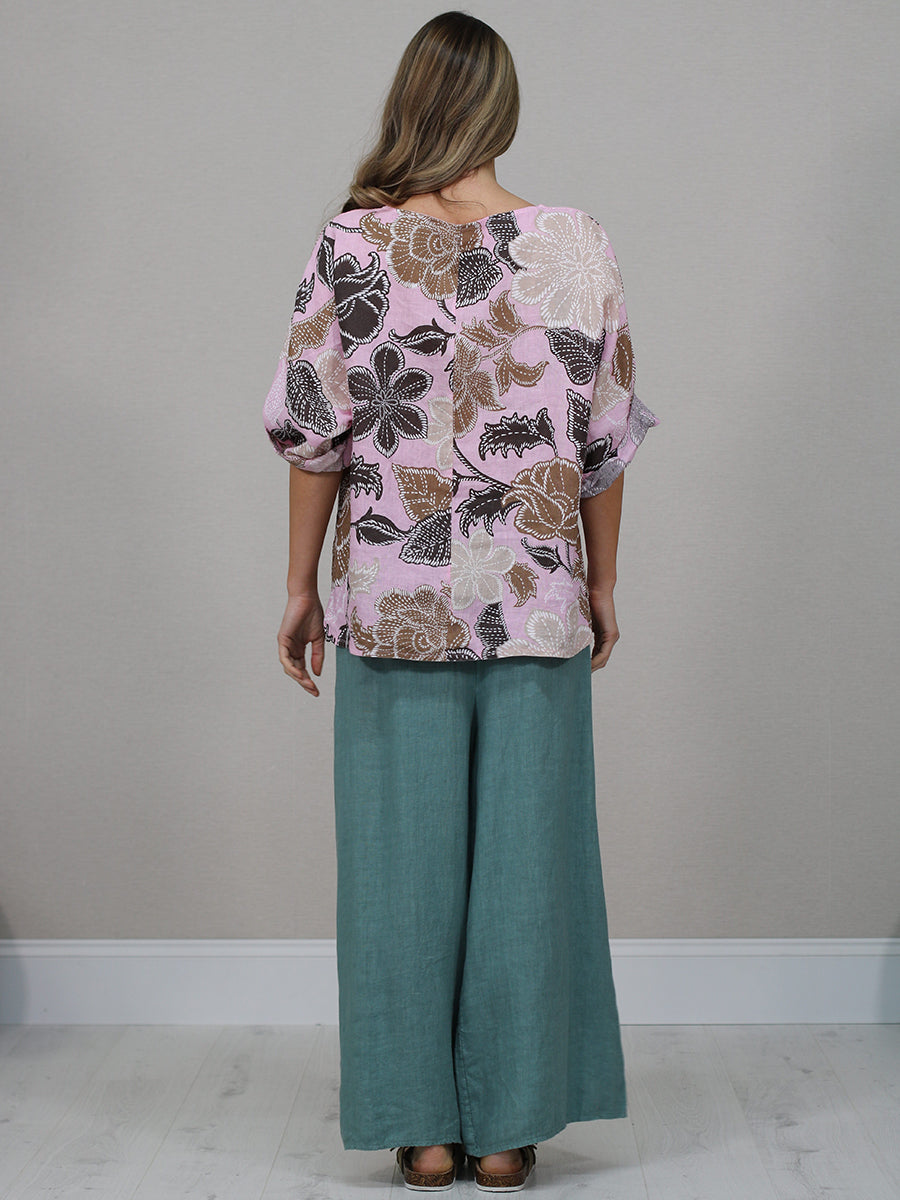 Made In Italy Floral Print Linen Top