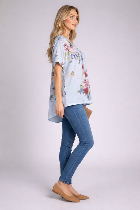 Floral V Neck Hi-Lo Linen Top