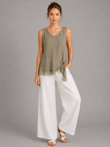 Plain Linen Vest Top Khaki