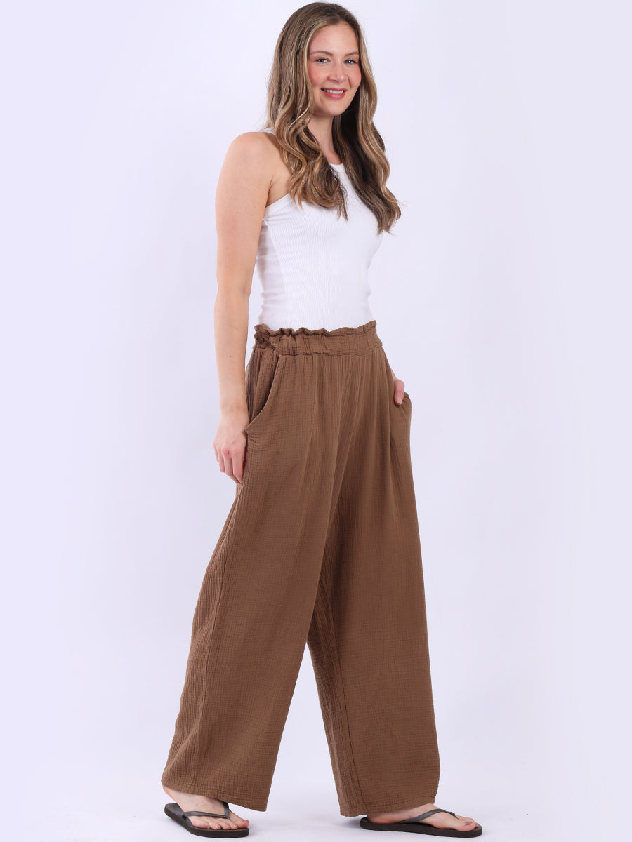 Wide Leg Plain Cotton Casual Trouser