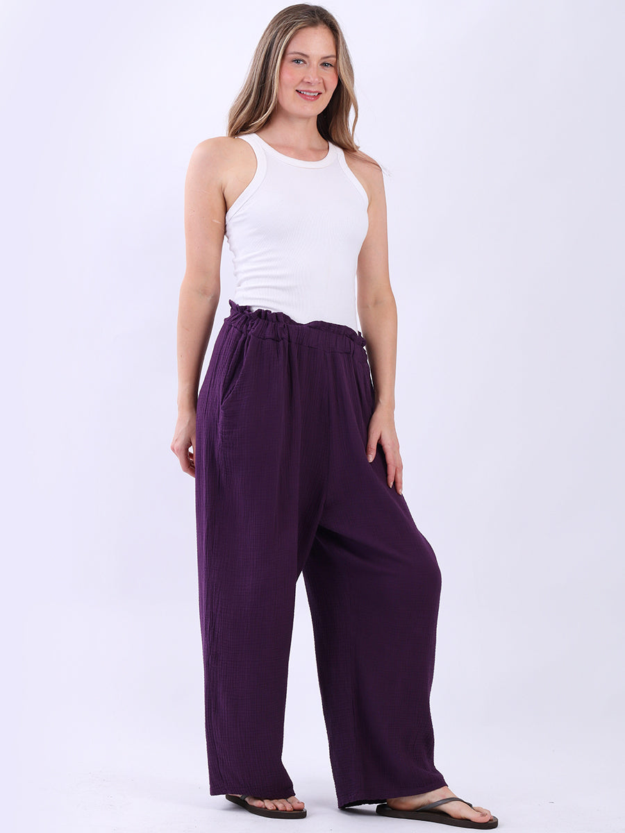 Wide Leg Plain Cotton Casual Trouser