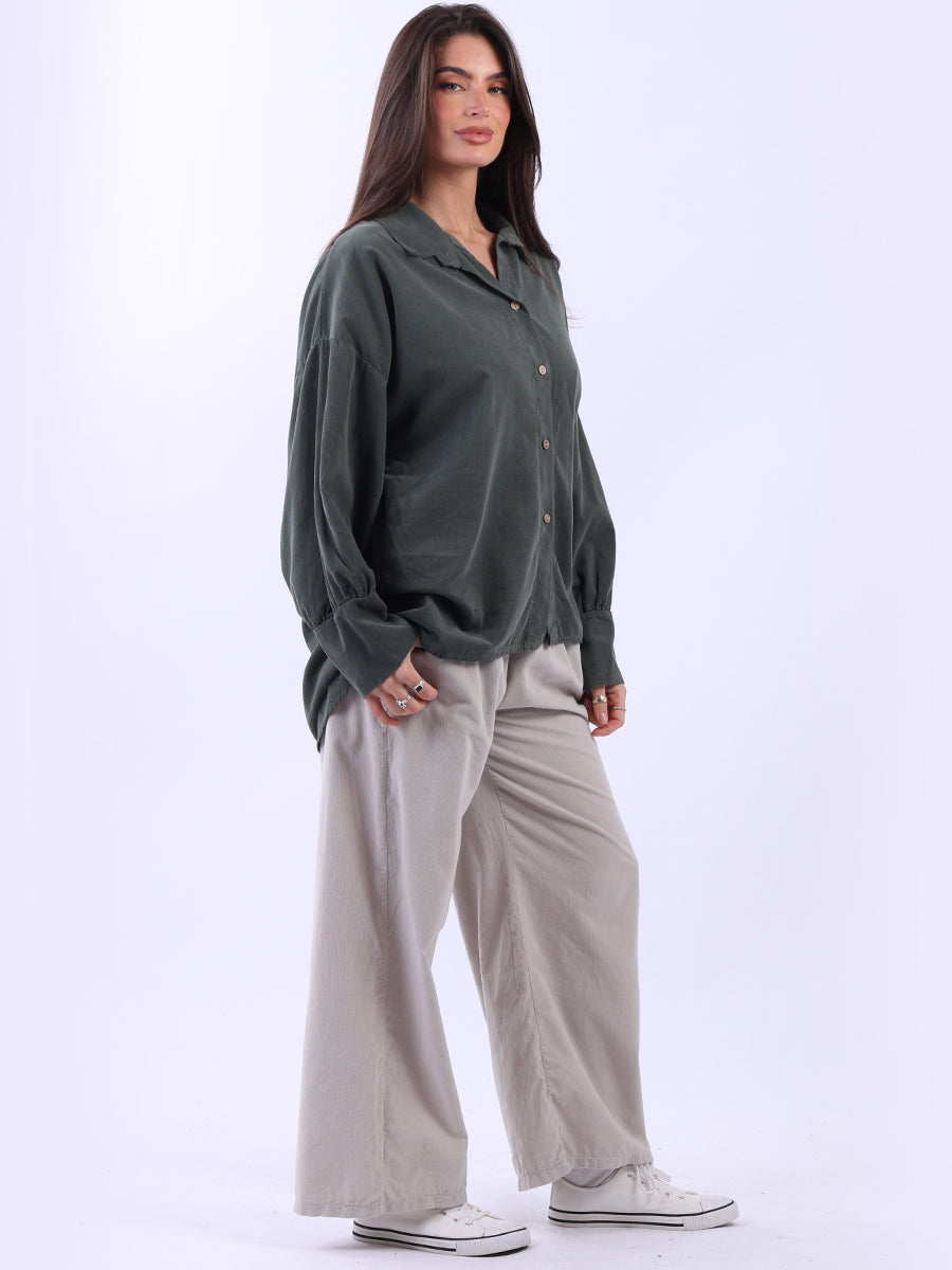 Women Solid Cotton Corduroy Collared Shirt