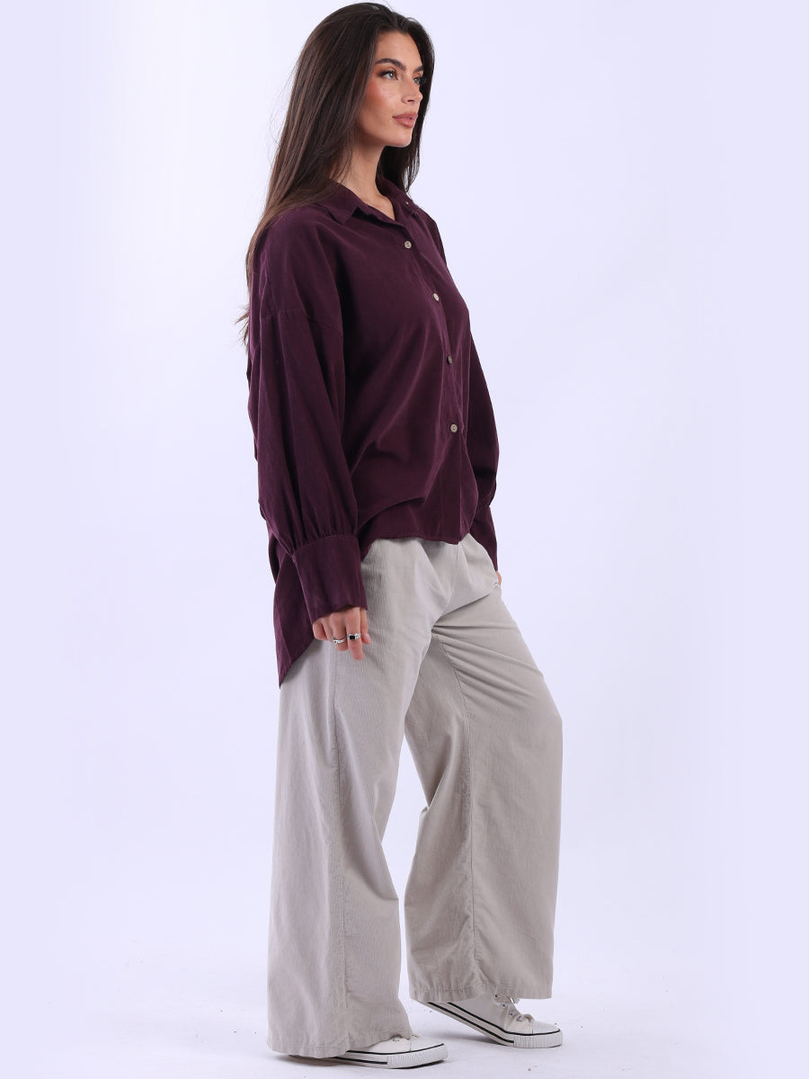 Women Solid Cotton Corduroy Collared Shirt